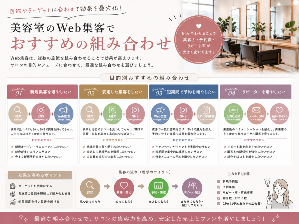 美容室のWeb集客でおすすめの組み合わせ｜SEO・MEO・SNS・Web広告を目的別に活用する方法