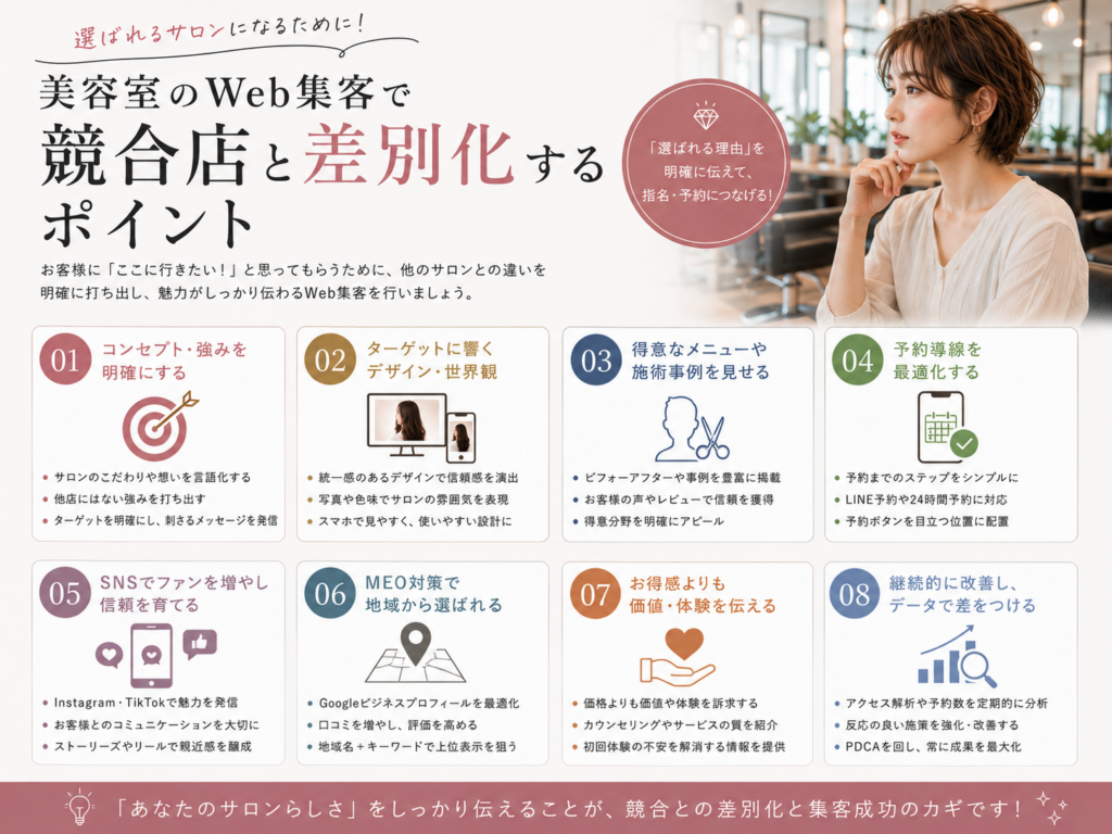美容室のWeb集客で競合店と差別化するポイント｜強み・ターゲット・SNS・MEO・予約導線を活用する方法
