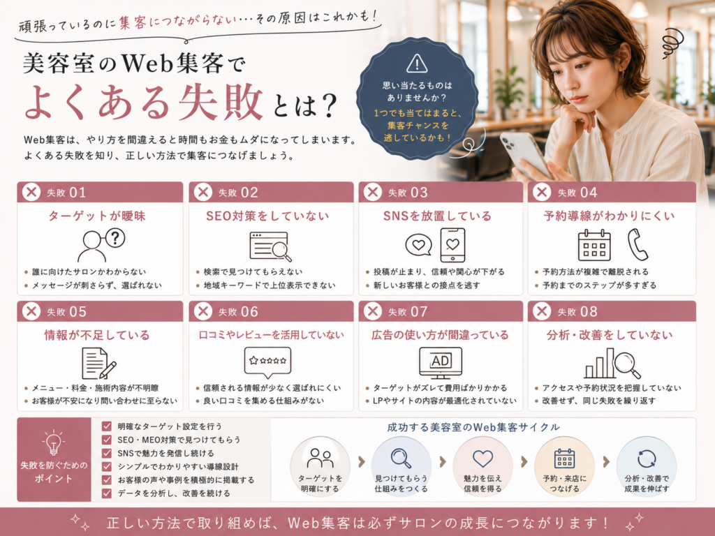 美容室のWeb集客でよくある失敗｜SEO・SNS・広告・予約導線・口コミ・アクセス解析の改善ポイント