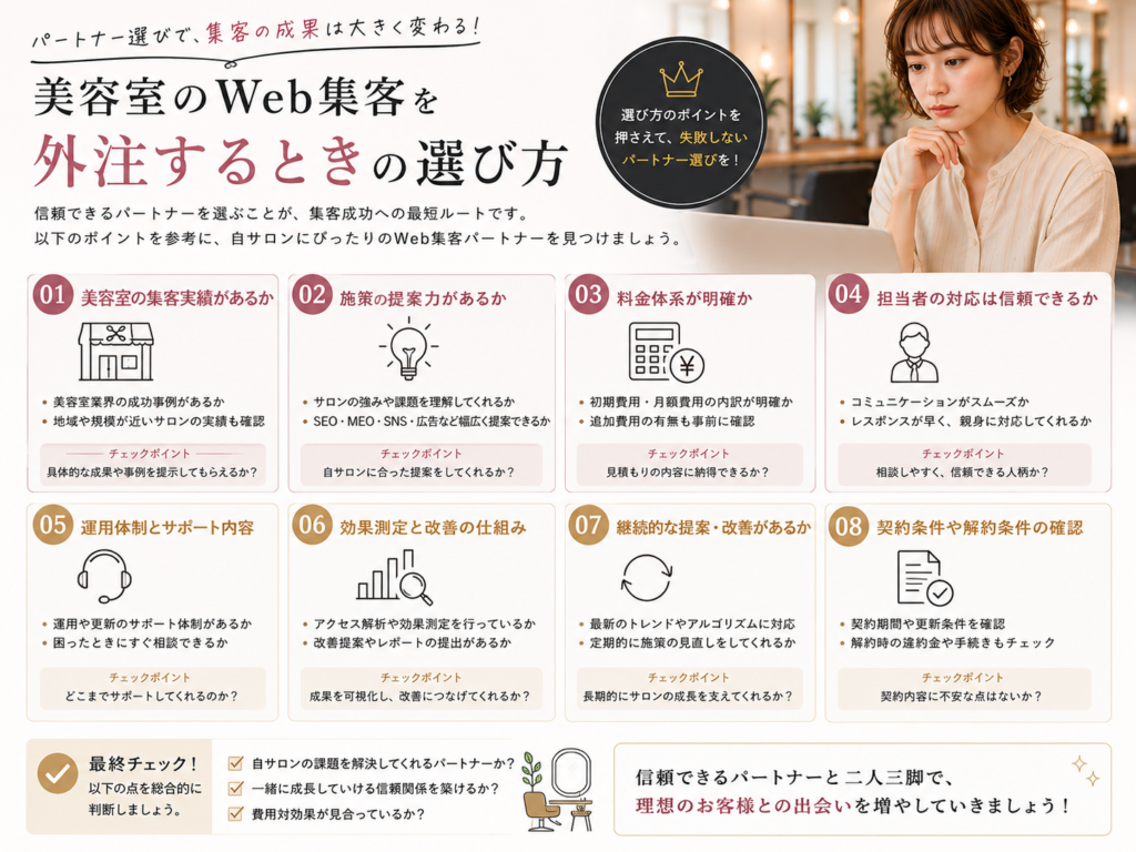 美容室のWeb集客を外注するときの選び方｜実績・提案力・料金・サポート・効果測定・契約条件の確認ポイント