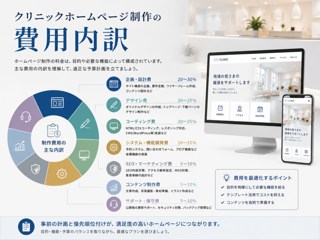 クリニックホームページ制作の費用内訳と企画・デザイン・SEO・システム開発などの料金項目を解説