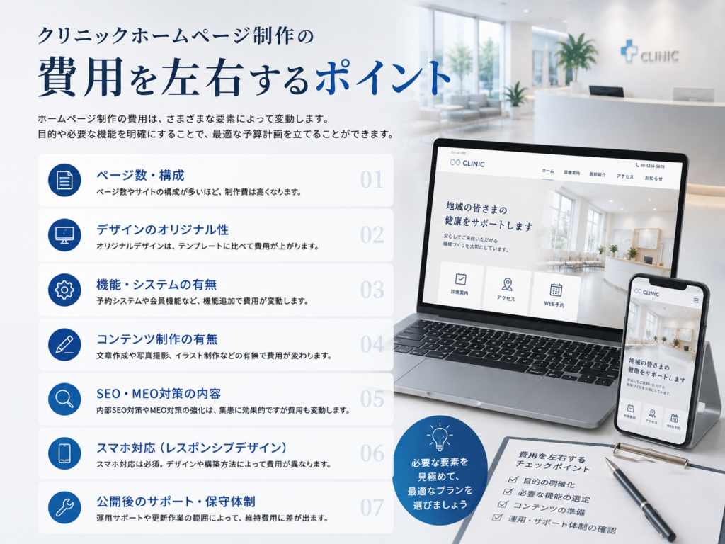 クリニックホームページ制作の費用を左右するページ数・デザイン・機能・SEO対策などのポイントを解説