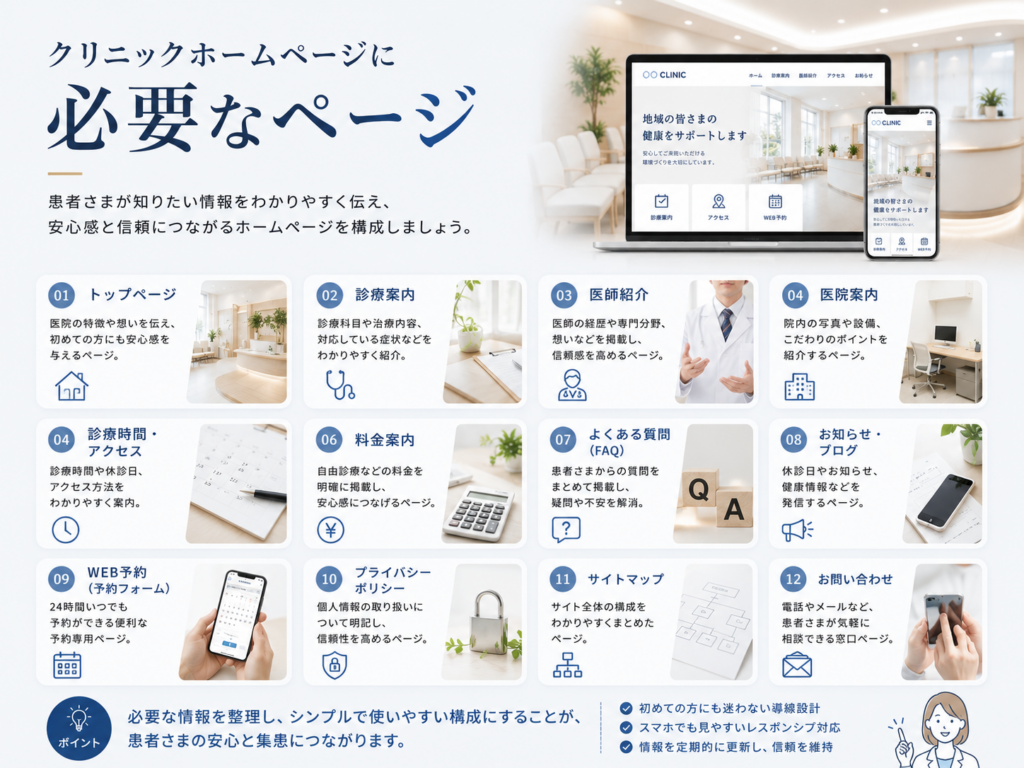 クリニックホームページに必要な診療案内・医師紹介・アクセス・Web予約などのページ構成を解説
