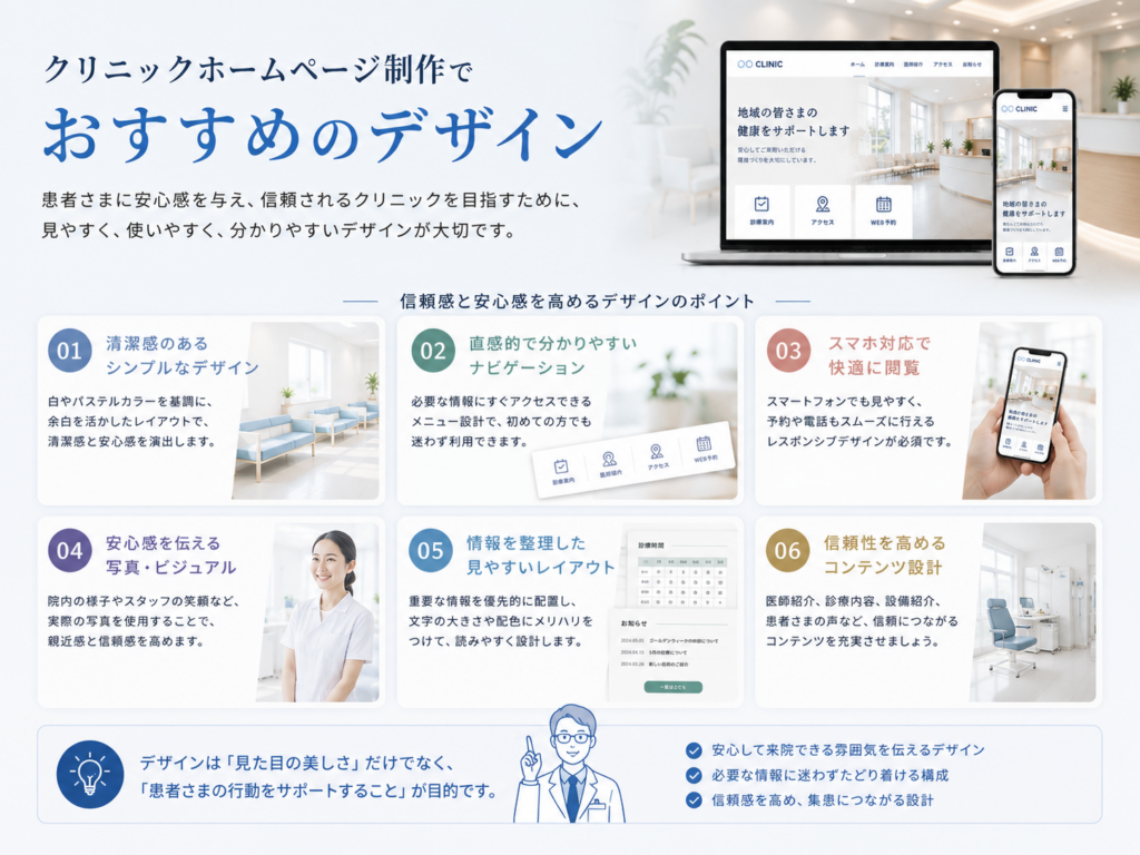 クリニックホームページ制作でおすすめのデザインと信頼感・集患につながる6つのポイントを解説