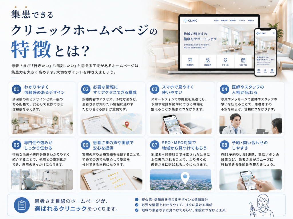 集患できるクリニックホームページの特徴とSEO・MEO・予約導線などの重要ポイントを解説