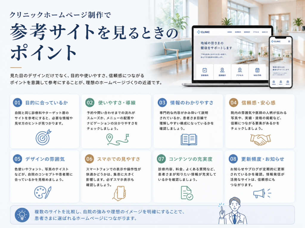 クリニックホームページ制作で参考サイトを見るときに確認したいデザイン・導線・信頼性・スマホ対応のポイント