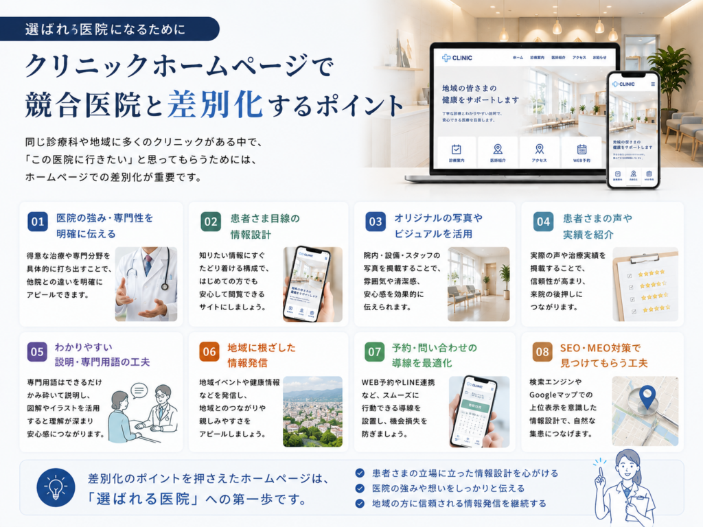 クリニックホームページで競合医院と差別化するポイントと選ばれる医院になるためのWeb集客施策を解説