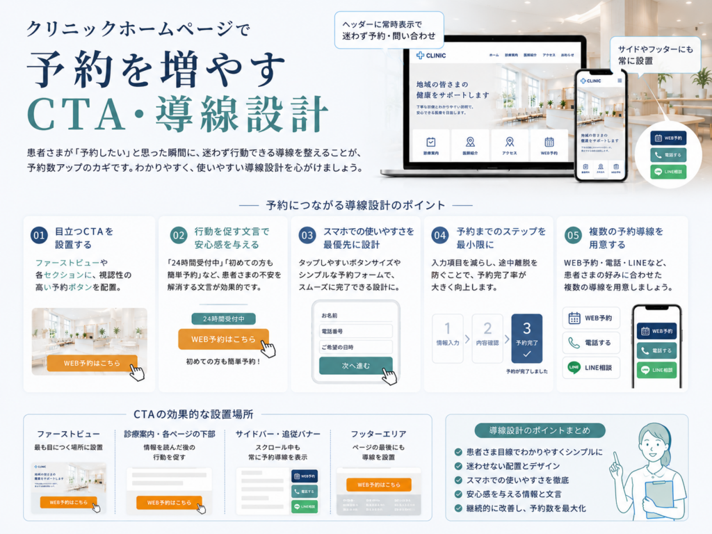 クリニックホームページで予約を増やすCTA・導線設計とWeb予約・電話・LINEへの誘導ポイントを解説