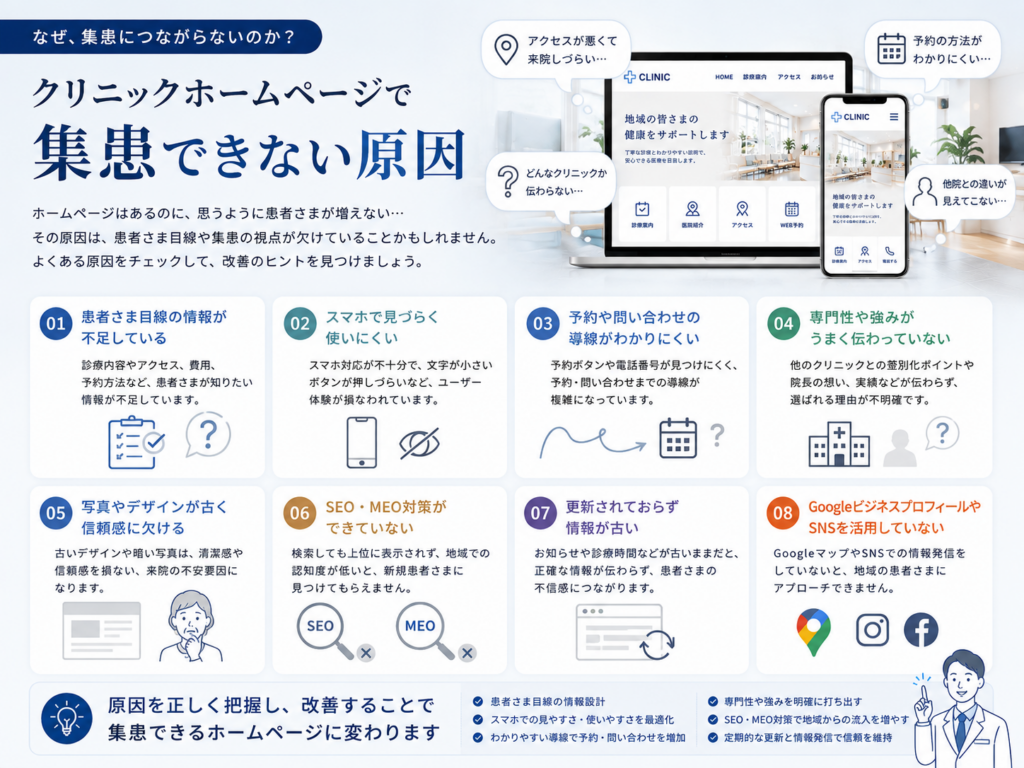 クリニックホームページで集患できない原因とSEO・MEO・予約導線などの改善ポイントを解説