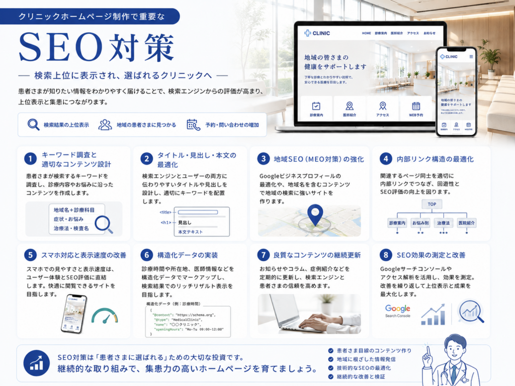 クリニックホームページ制作で重要なSEO対策と検索上位表示・集患につなげる8つのポイントを解説