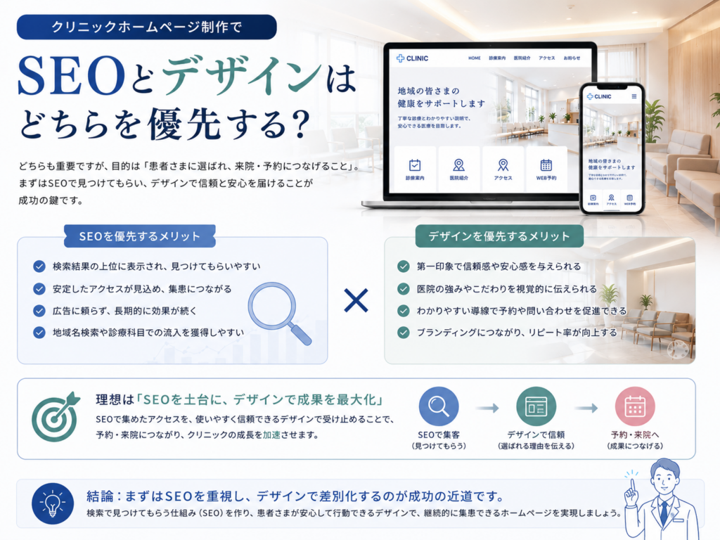クリニックホームページ制作でSEOとデザインのどちらを優先するか、集患・予約につなげる考え方を解説