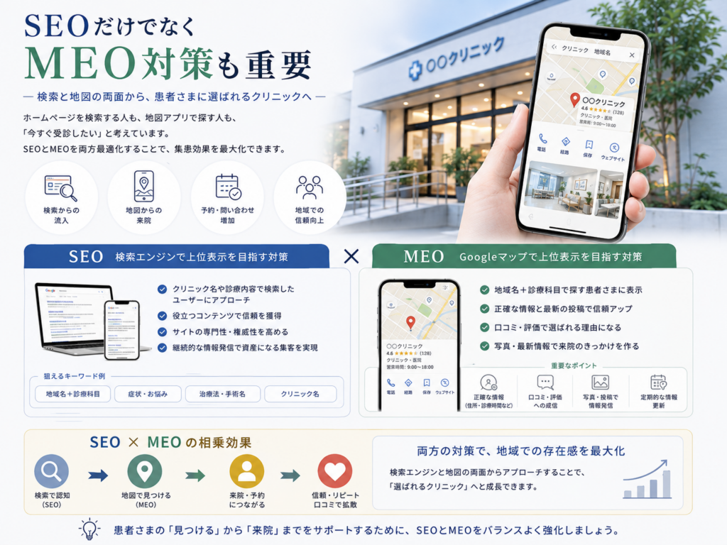 クリニックの集患でSEOだけでなくMEO対策も重要な理由と検索・Googleマップから来院につなげるポイントを解説