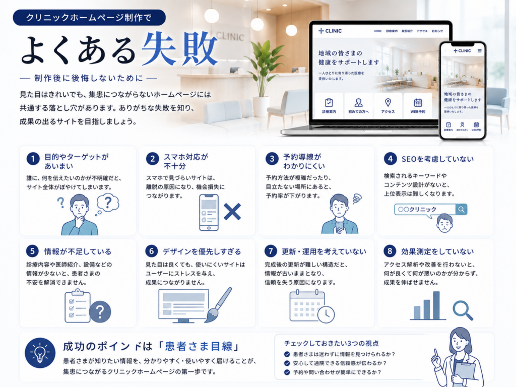 クリニックホームページ制作でよくある失敗と集患・予約につなげるための改善ポイントを解説