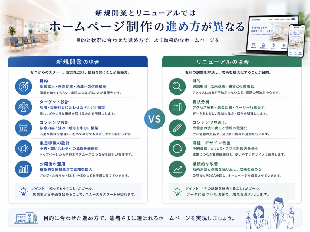新規開業とリニューアルで異なるクリニックホームページ制作の進め方と集患につなげるポイントを解説