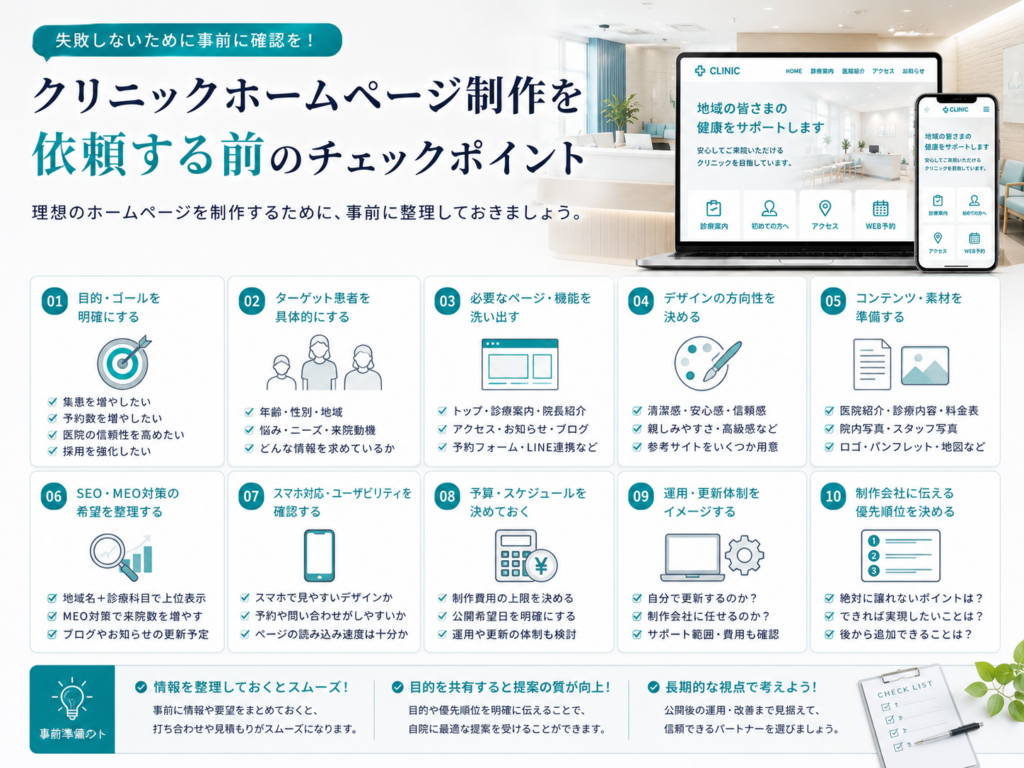 クリニックホームページ制作を依頼する前に確認したい目的・ターゲット・SEO・予約導線・予算などのチェックポイント