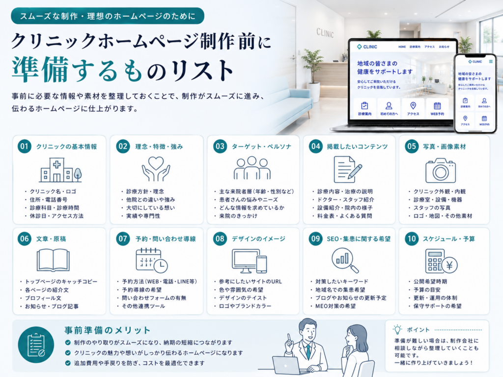 クリニックホームページ制作前に準備する基本情報・写真・原稿・予約導線・SEO・予算などの必要項目を解説