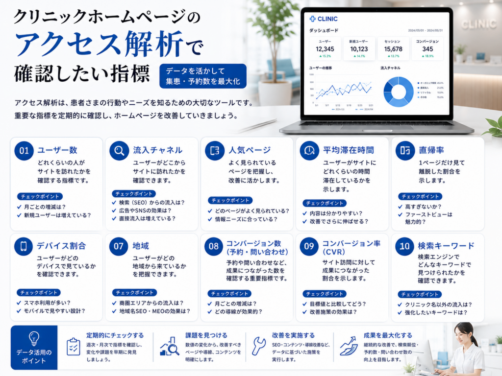 クリニックホームページのアクセス解析で確認したいユーザー数・流入経路・検索キーワード・コンバージョンなどの重要指標を解説