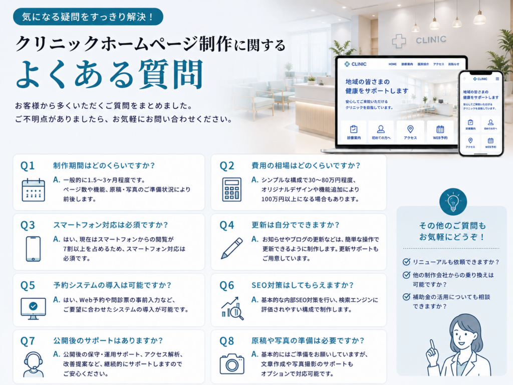 クリニックホームページ制作に関する費用・制作期間・SEO・予約システム・公開後サポートなどのよくある質問を解説