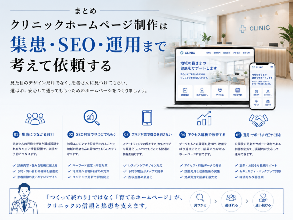 クリニックホームページ制作は集患・SEO・スマホ対応・アクセス解析・公開後の運用まで考えて依頼することが重要