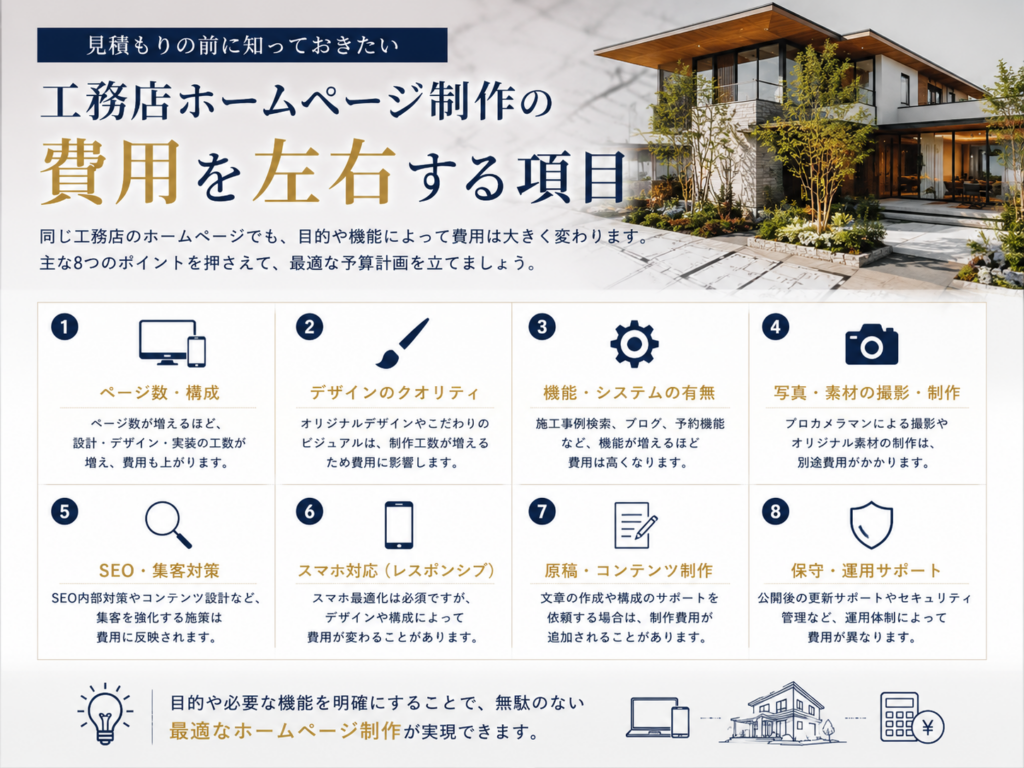 工務店ホームページ制作の費用を左右するページ数・デザイン・機能・SEOなどの項目