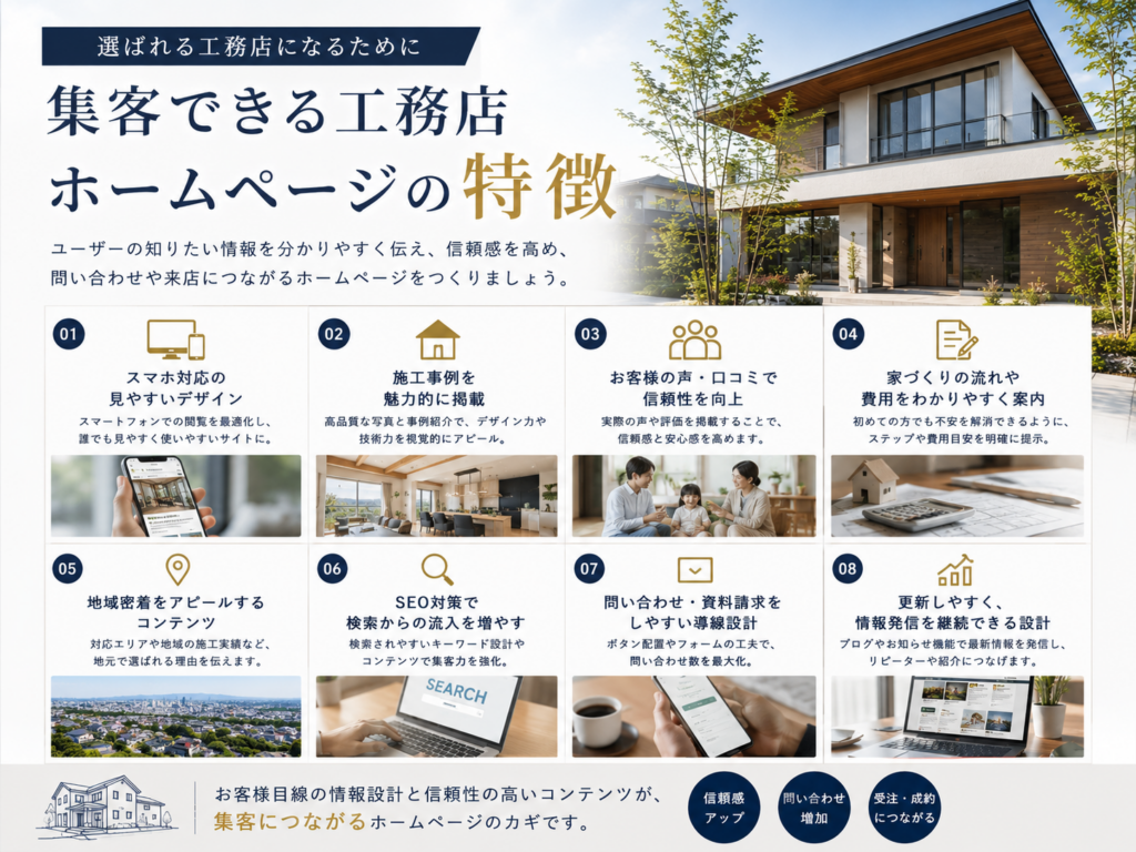 集客できる工務店ホームページの特徴とSEO・施工事例・問い合わせ導線のポイント