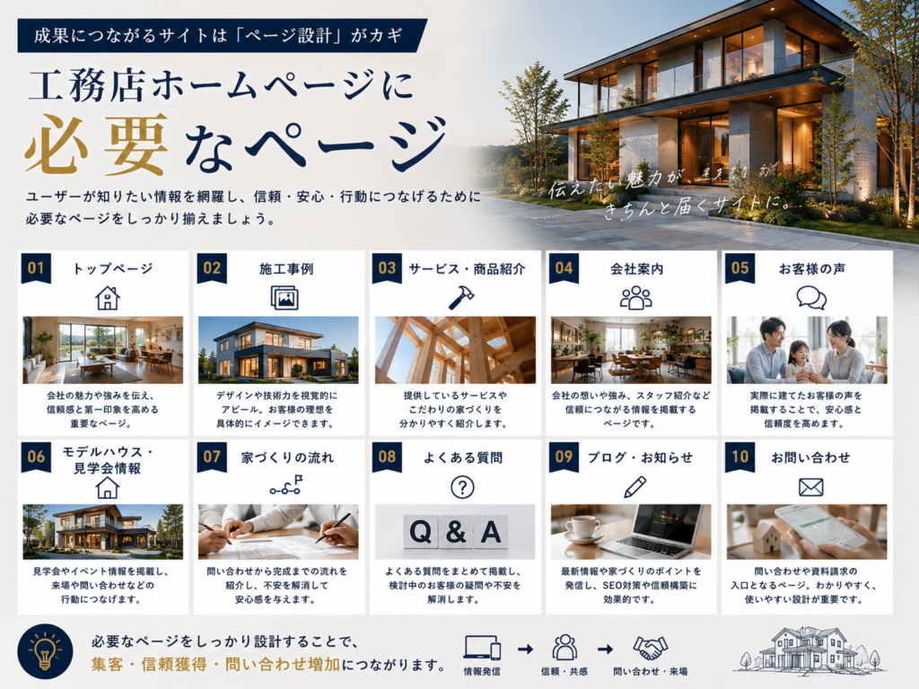 工務店ホームページに必要な施工事例・サービス紹介・会社案内・お客様の声・お問い合わせなどのページ構成