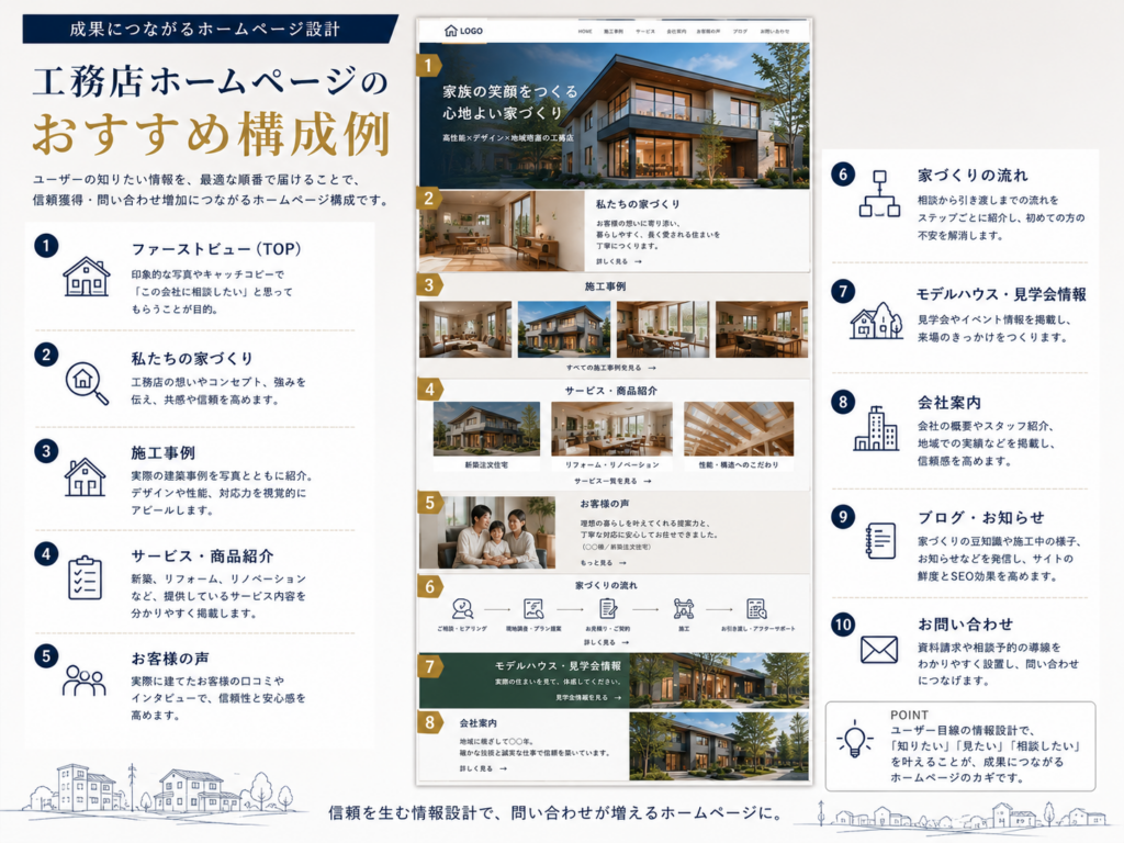 工務店ホームページのおすすめ構成例と施工事例・サービス紹介・お客様の声・問い合わせ導線