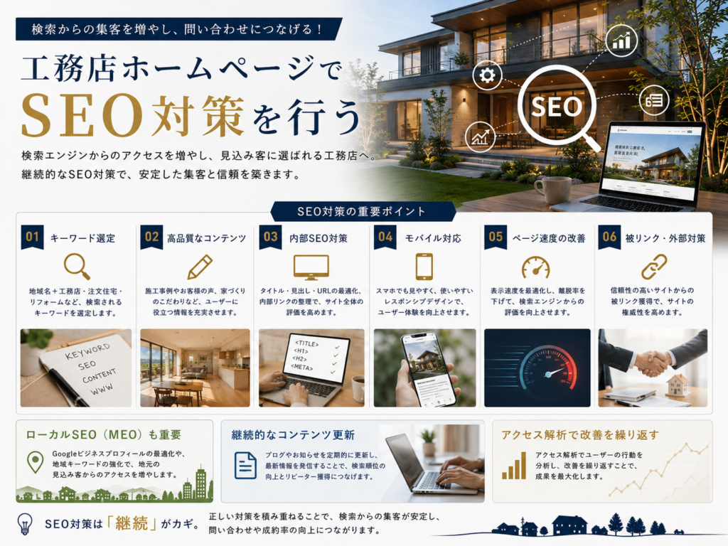 工務店ホームページのSEO対策とキーワード選定・コンテンツ・内部対策・MEO・アクセス解析のポイント