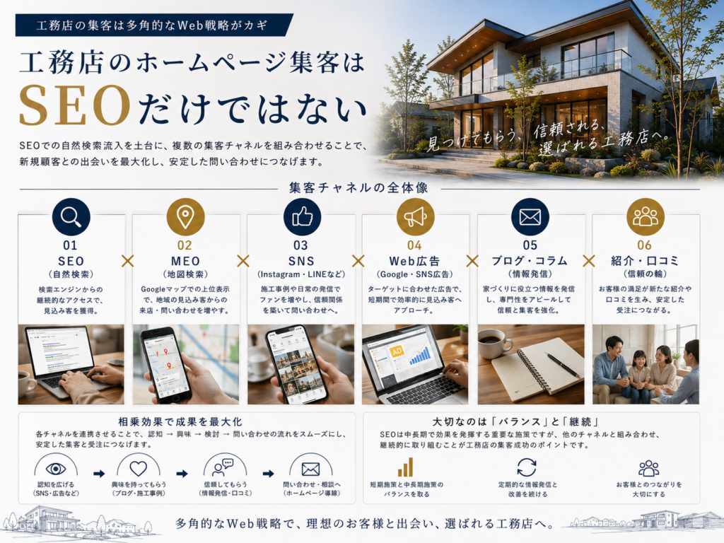 工務店のホームページ集客でSEO・MEO・SNS・Web広告・ブログ・口コミを組み合わせる方法