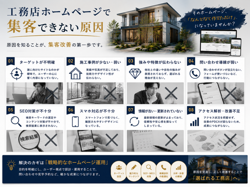 工務店ホームページで集客できない原因とSEO・施工事例・問い合わせ導線・アクセス解析の改善ポイント