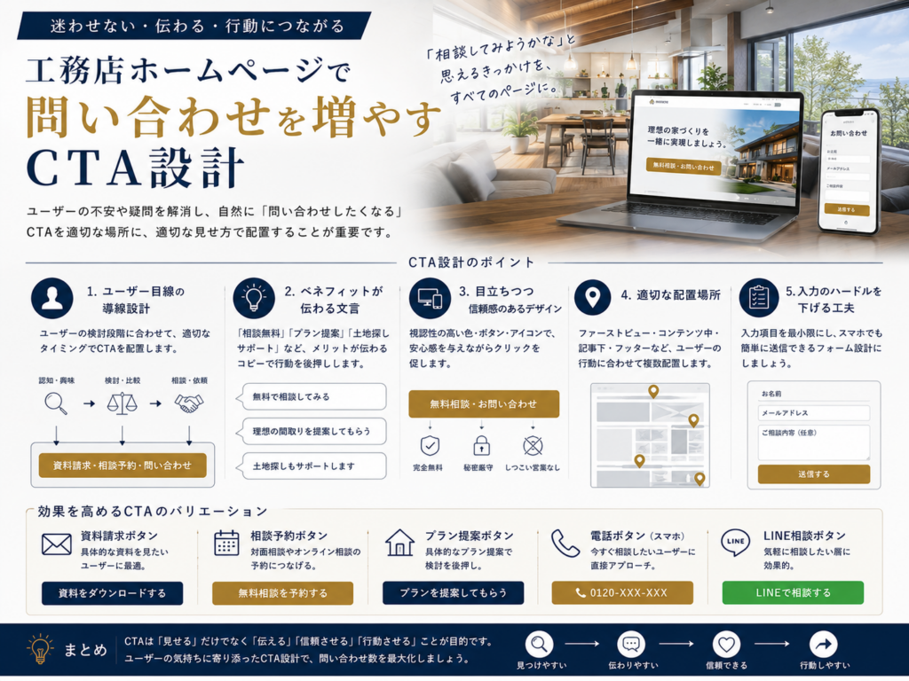 工務店ホームページで問い合わせを増やすCTA設計と資料請求・相談予約・LINE相談などの導線改善ポイント
