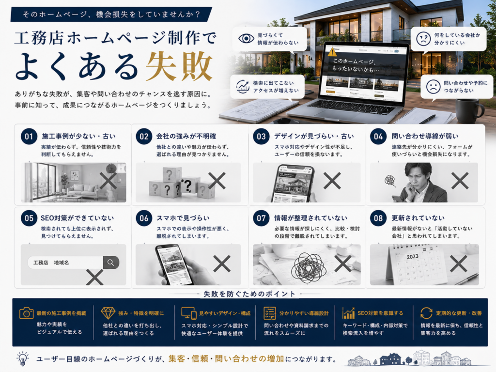 工務店ホームページ制作でよくある失敗と施工事例・SEO・スマホ対応・問い合わせ導線の改善ポイント