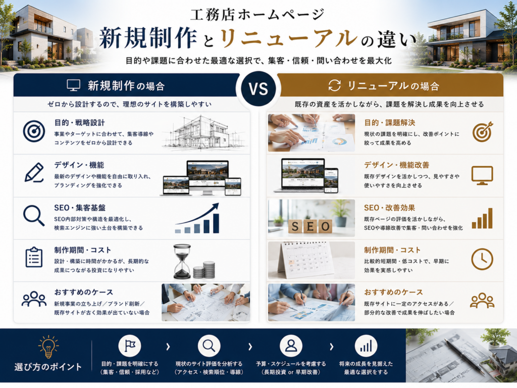 工務店ホームページの新規制作とリニューアルの違いを費用・SEO・デザイン・集客面で比較