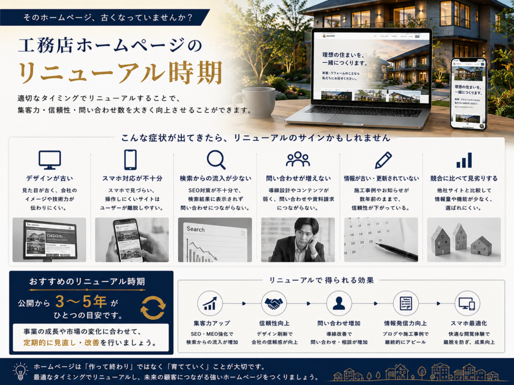 工務店ホームページのリニューアル時期とデザイン・スマホ対応・SEO・問い合わせ改善の目安
