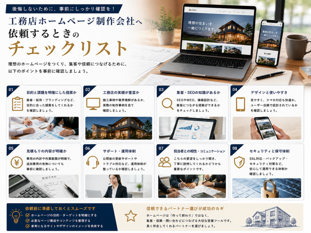 工務店ホームページ制作会社へ依頼するときのチェックリストとSEO・費用・運用サポートの確認ポイント