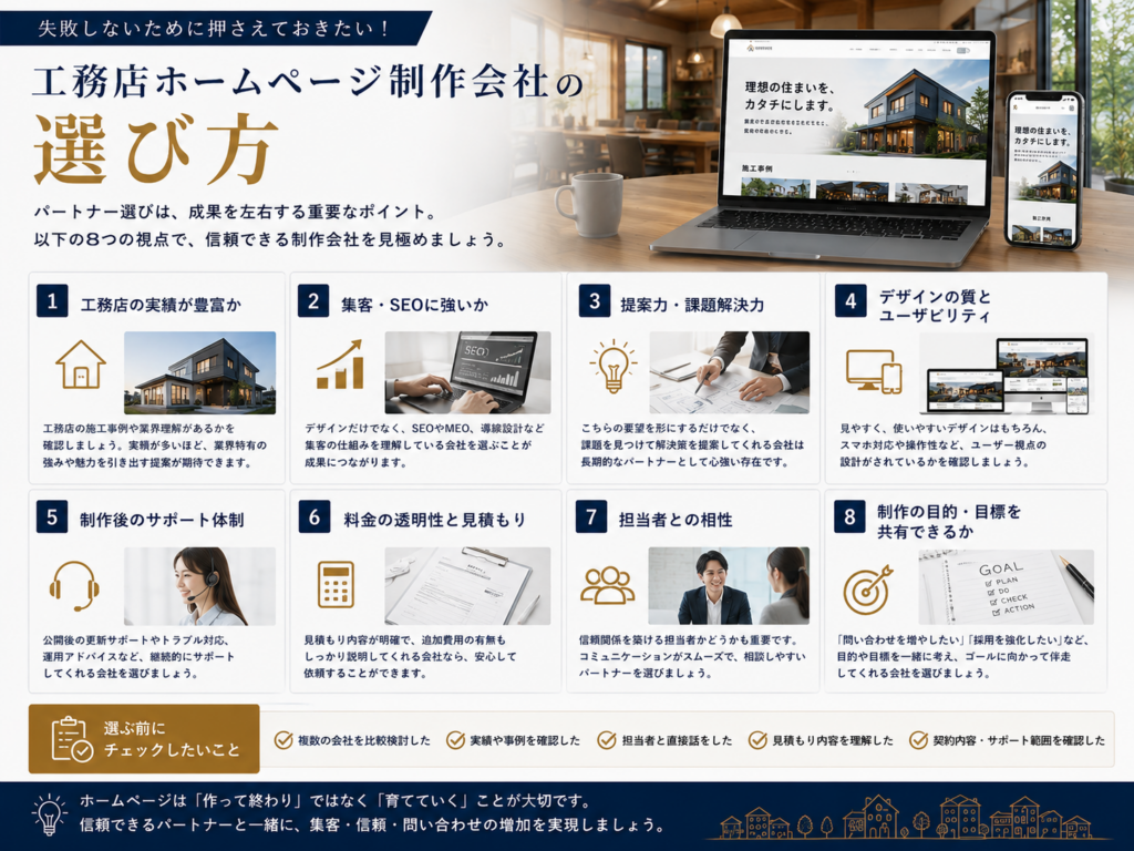 工務店ホームページ制作会社の選び方と実績・SEO・料金・サポート体制を比較するポイント