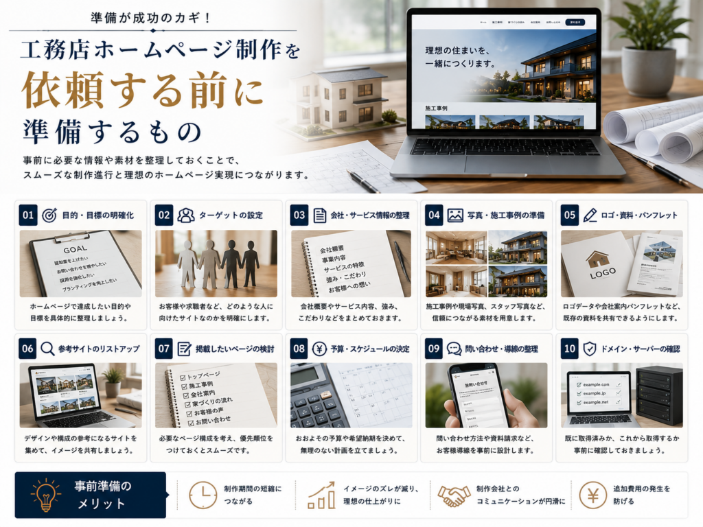 工務店ホームページ制作を依頼する前に準備する目的・ターゲット・施工事例・予算・問い合わせ導線などの項目