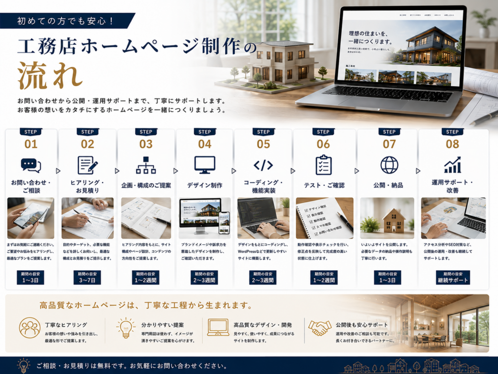 工務店ホームページ制作の流れと相談・企画・デザイン・構築・公開・運用までの工程
