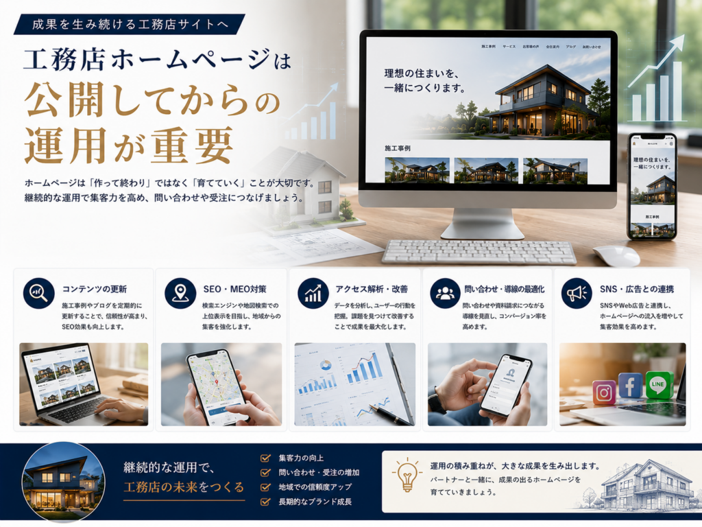 工務店ホームページは公開後の運用が重要でSEO・MEO・コンテンツ更新・アクセス解析を継続するポイント