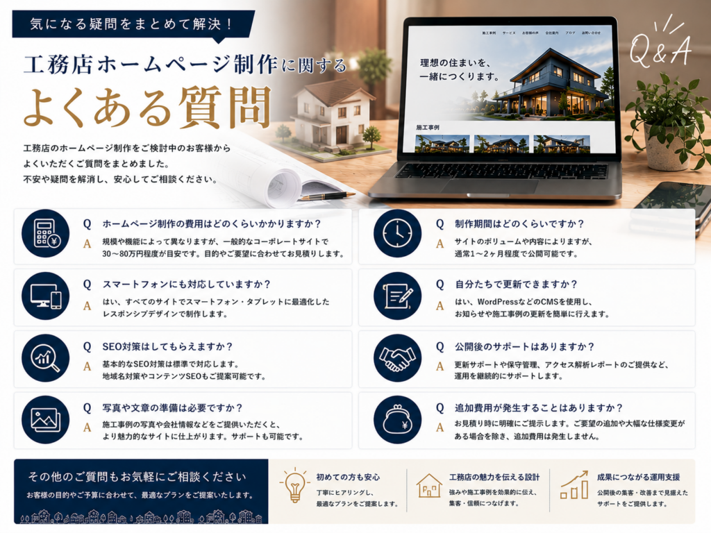 工務店ホームページ制作のよくある質問と費用・制作期間・SEO対策・公開後の運用サポートについて