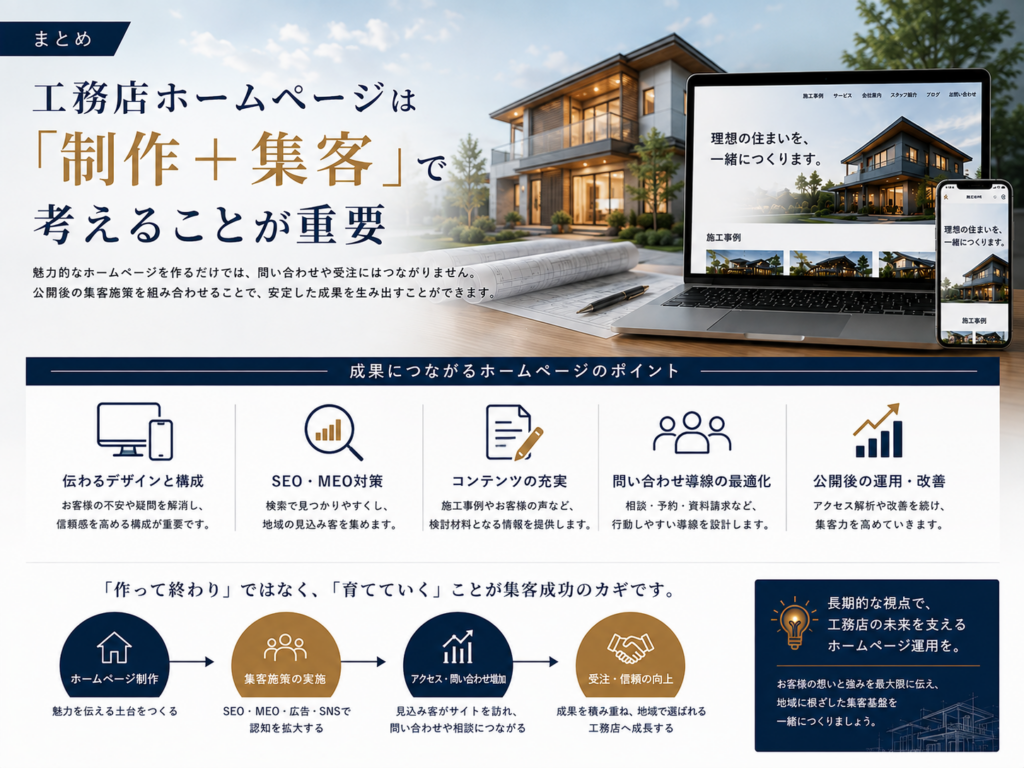 工務店ホームページは制作と集客を組み合わせSEO・MEO・コンテンツ・問い合わせ導線・公開後の運用を行うことが重要