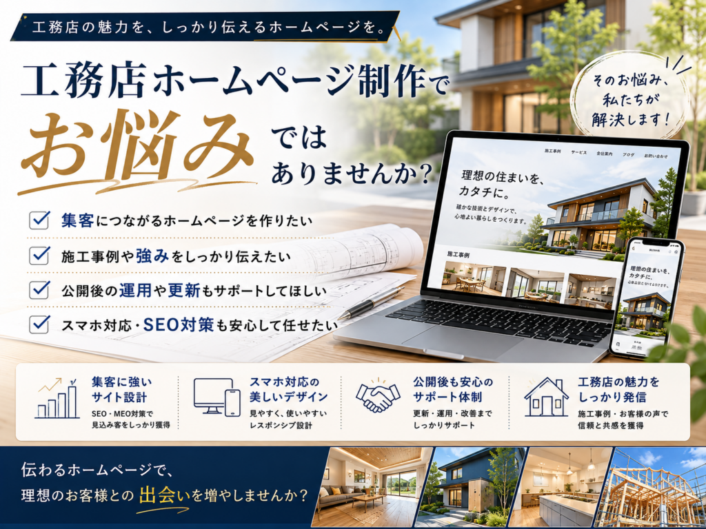 工務店ホームページ制作で集客・施工事例・SEO・スマホ対応・公開後の運用にお悩みの方へ