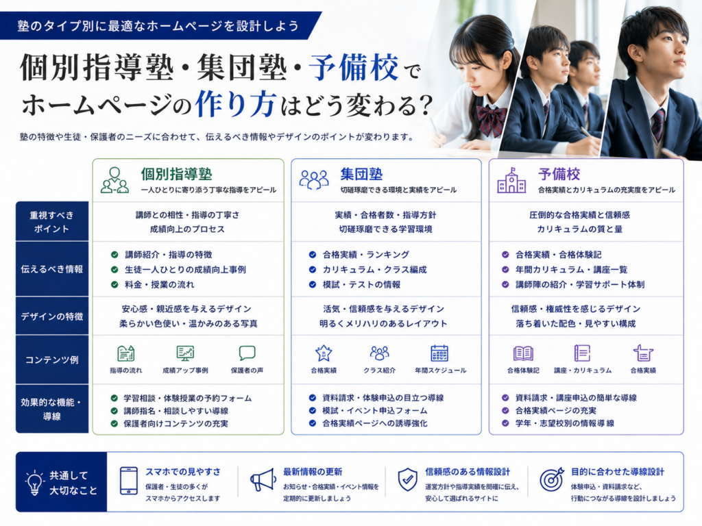 個別指導塾・集団塾・予備校のホームページ制作の違いとサイト設計のポイント