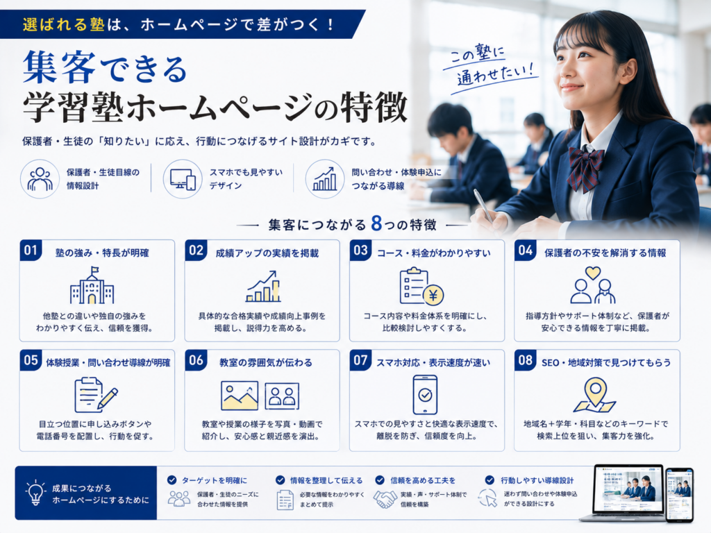 集客できる学習塾ホームページの特徴と問い合わせ・無料体験を増やすポイント