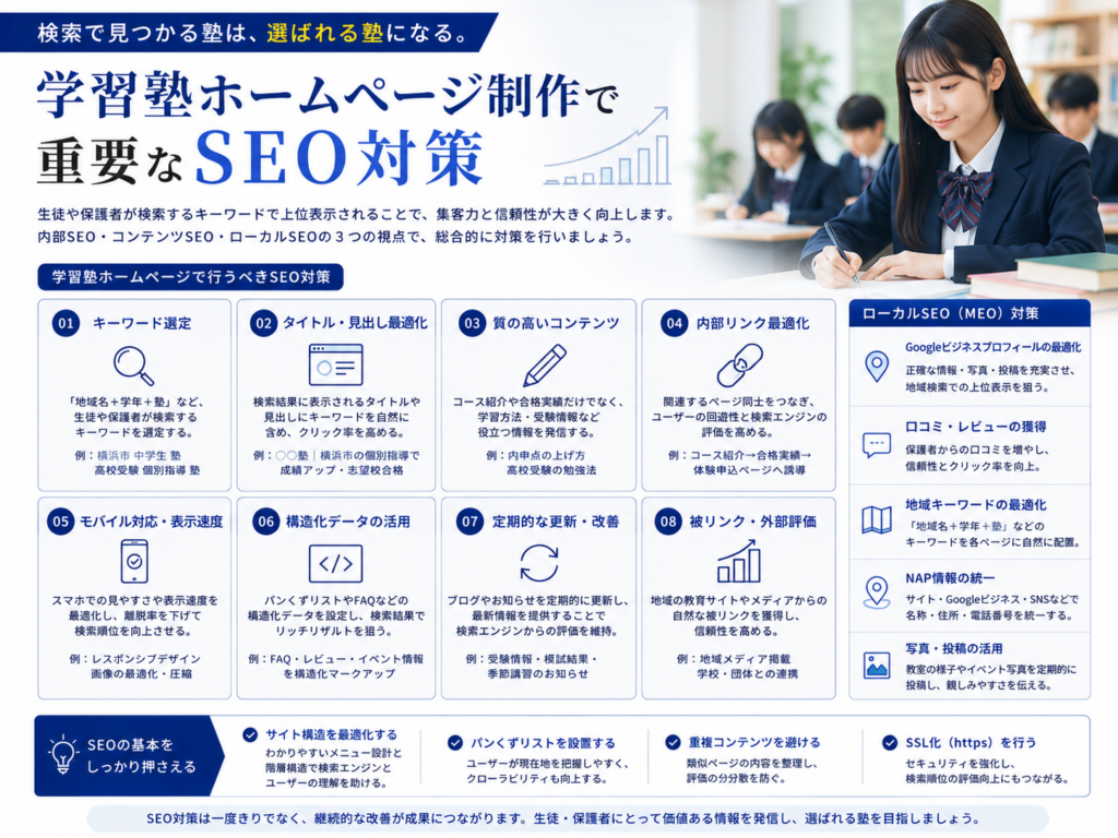 学習塾ホームページ制作で重要なSEO対策と地域検索で上位表示を目指すポイント