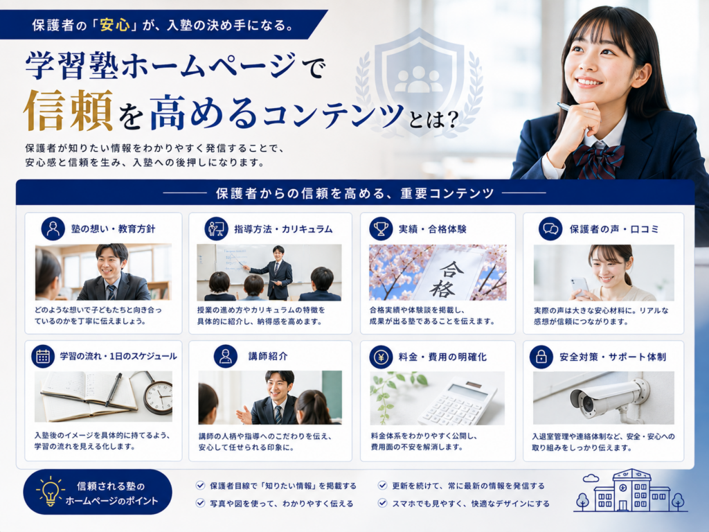 学習塾ホームページで保護者からの信頼を高めるコンテンツと安心感を伝えるポイント