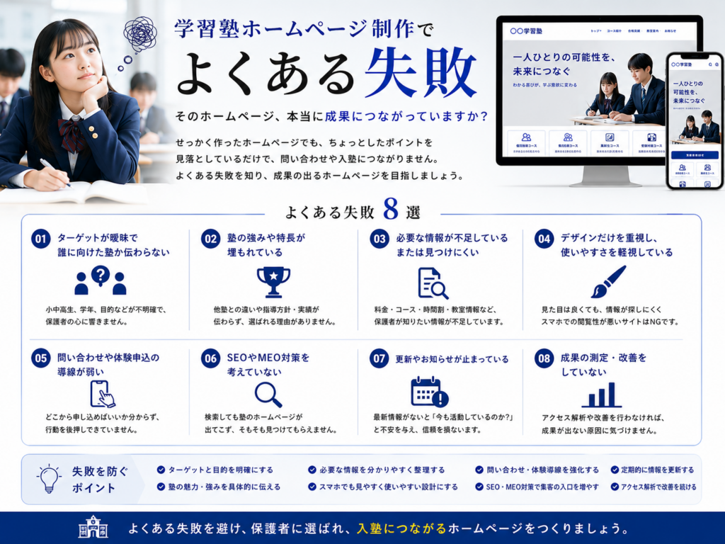 学習塾ホームページ制作でよくある失敗8選と問い合わせ・入塾につなげる改善ポイント