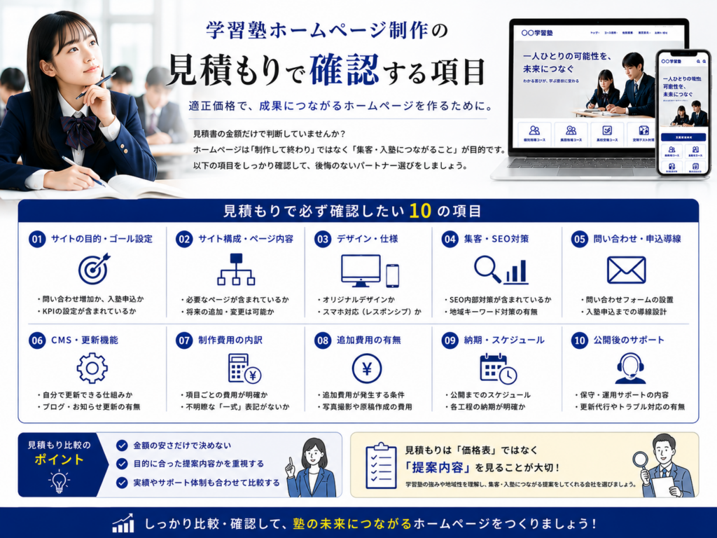 学習塾ホームページ制作の見積もりで確認する10項目と制作会社を比較するポイント