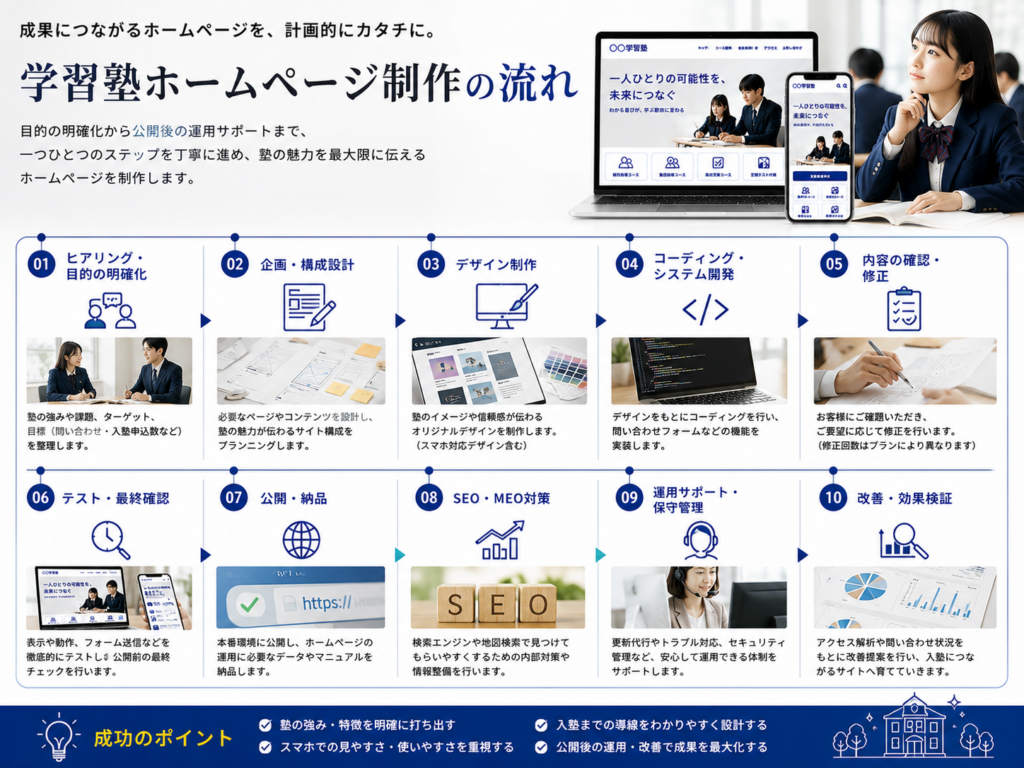 学習塾ホームページ制作の流れを企画・デザイン・公開・SEO・運用まで10ステップで解説