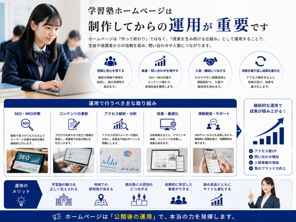 学習塾ホームページは制作後の運用が重要な理由とSEO・MEO・アクセス解析による改善ポイント